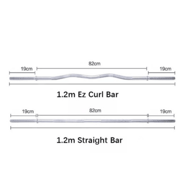 Dimensions of a 1.2m EZ Curl Bar and a 1.2m Straight Bar.