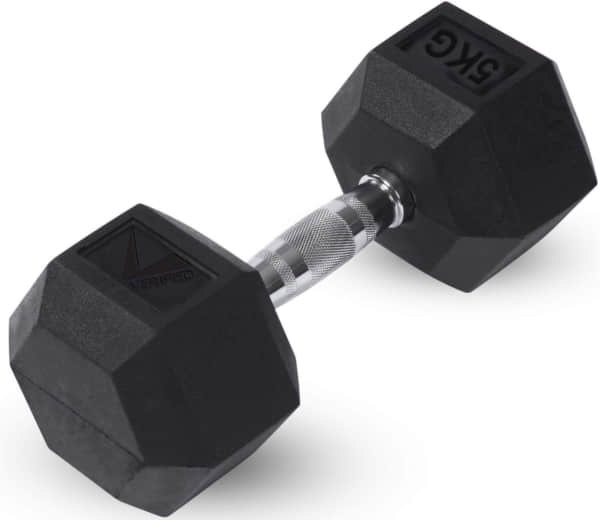 5Kg Hexagon shaped dumbbell in white background